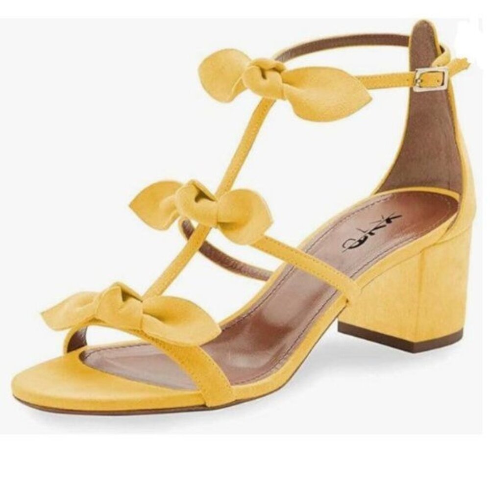 XYD Yellow Gladiator Block Heels Open Toe Sandals Crossover Strap Bow Knots Shoe